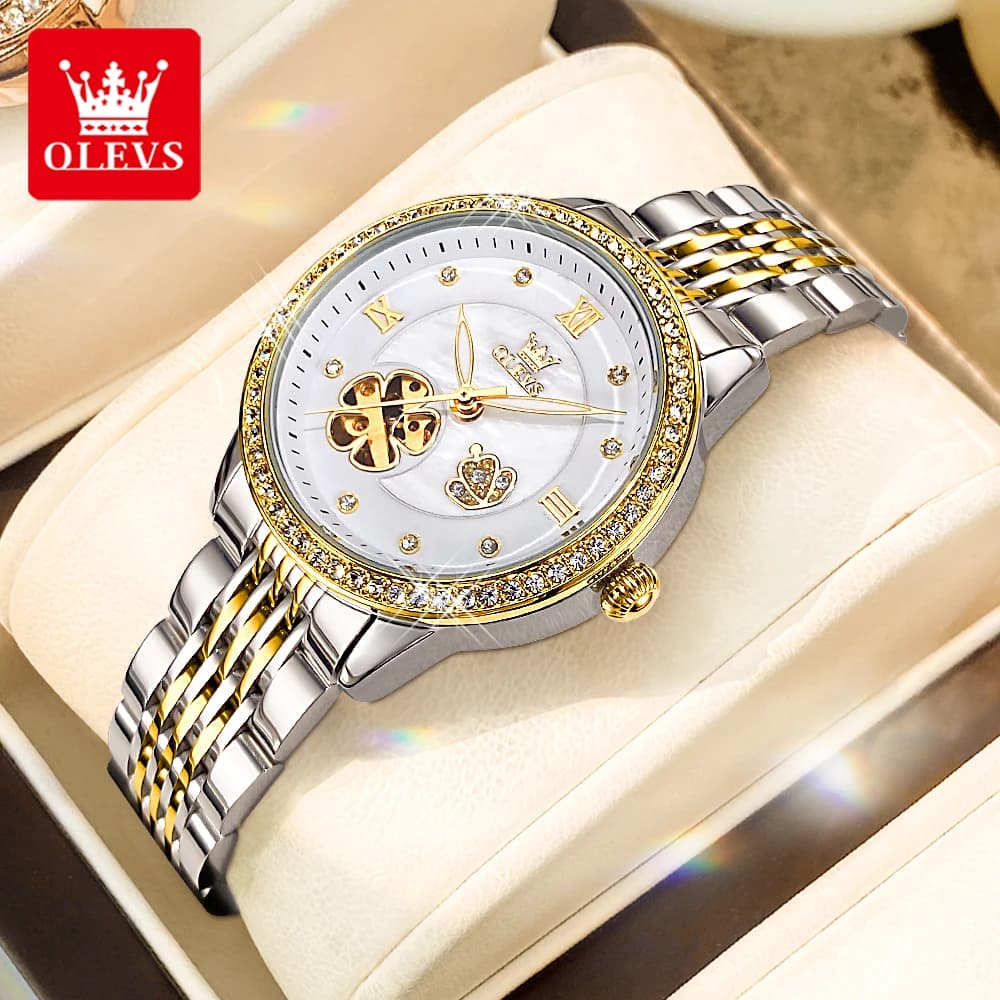 OLEVS 6706 Orologi meccanici automatici da donna Orologio impermeabile con design a corona di fiori scavati con diamanti di lusso Orologio da donna elegante