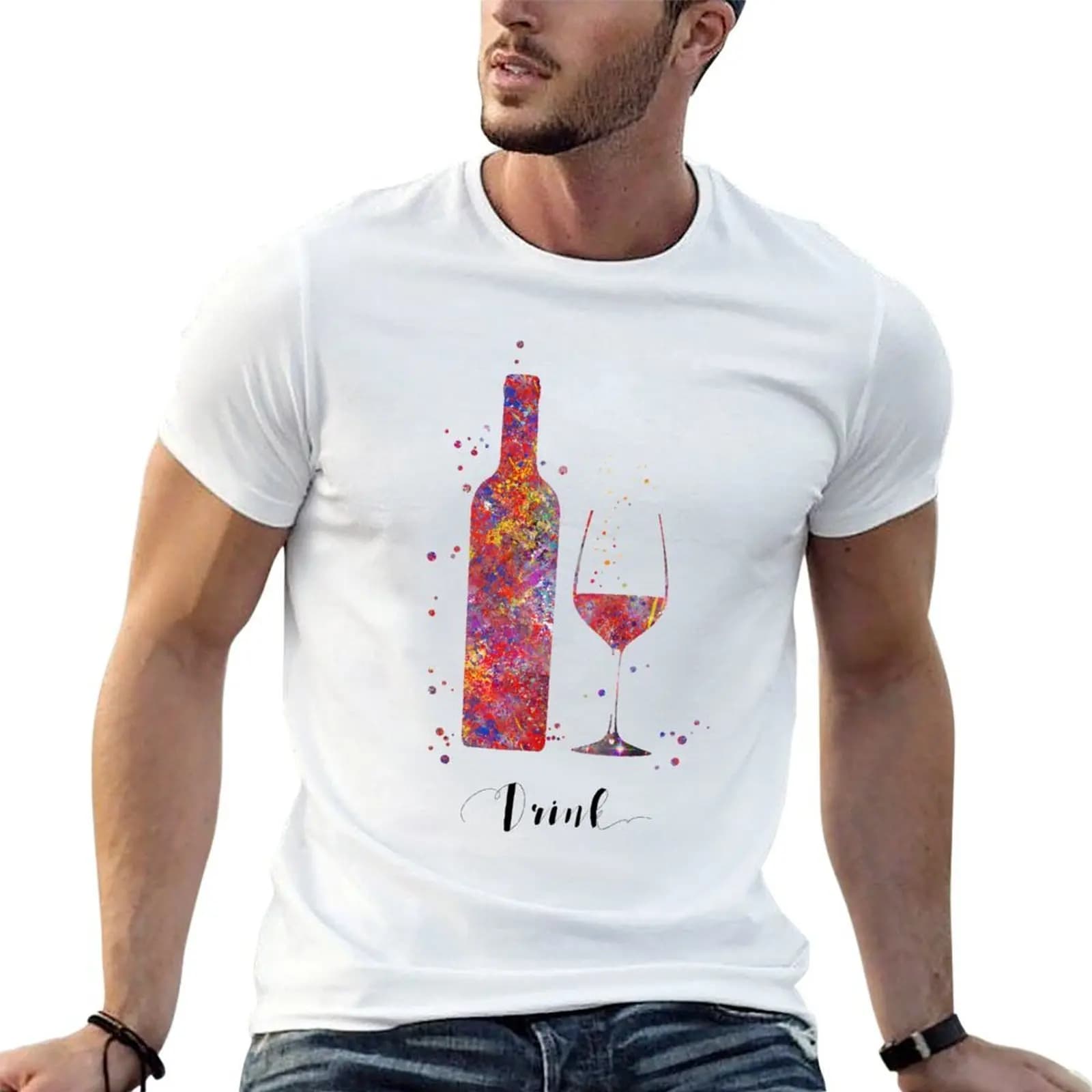 T-shirt con stampa bottiglia di vino e bicchiere, t-shirt da uomo in cotone, t-shirt anime con stampe.