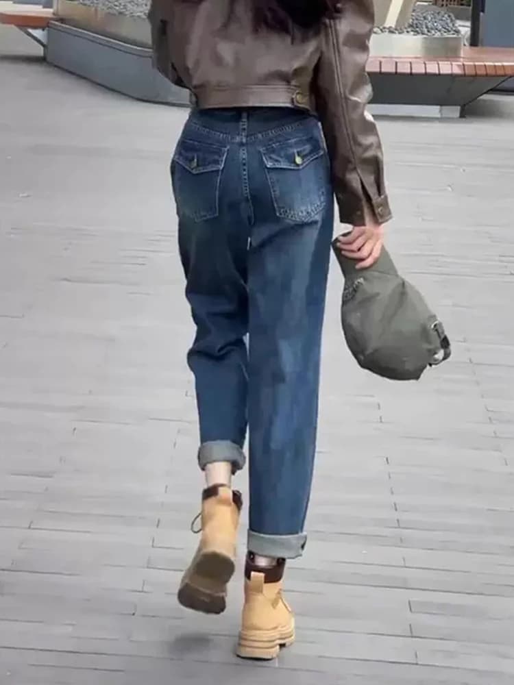 plus Size High Waist Blue Harlan Jeans Women's Summer Loose Straight Leg Dad Crops Trousers Slimming Effect Casual Denim