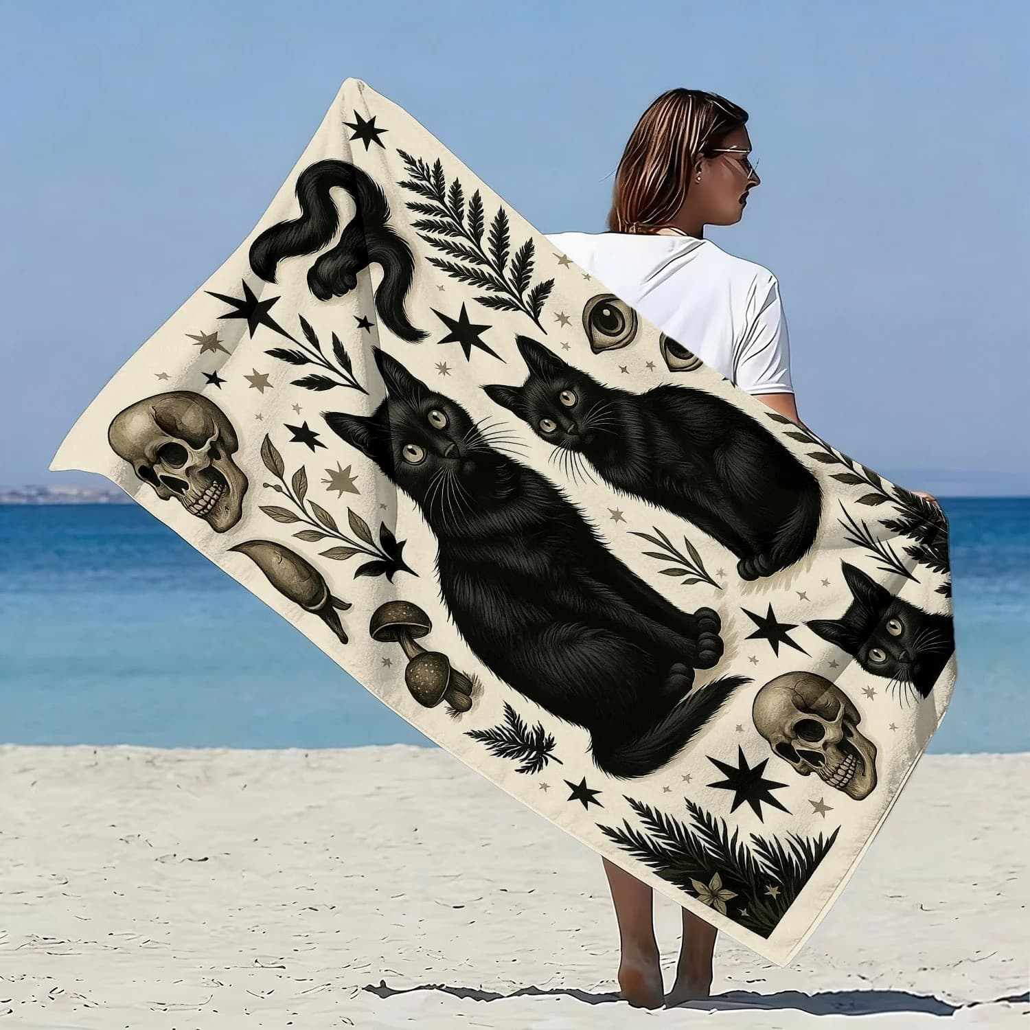 Telo Mare Gotico con Stampa Gatto Nero, Teschio e Funghi, Asciugatura Rapida, in Microfibra, Anti-Sabbia, Assorbente, Lavabile, per Estate, Piscina e Viaggi