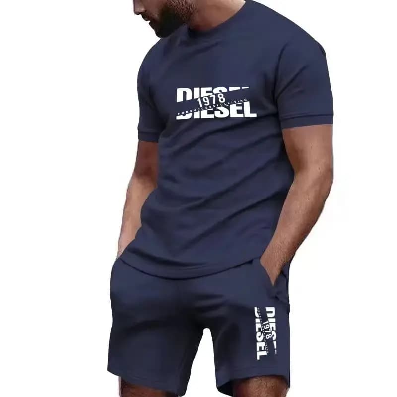 2026 new summer men's T-shirt+shorts set printed fashionable casual round neck pullover quick breathable running sports shorts