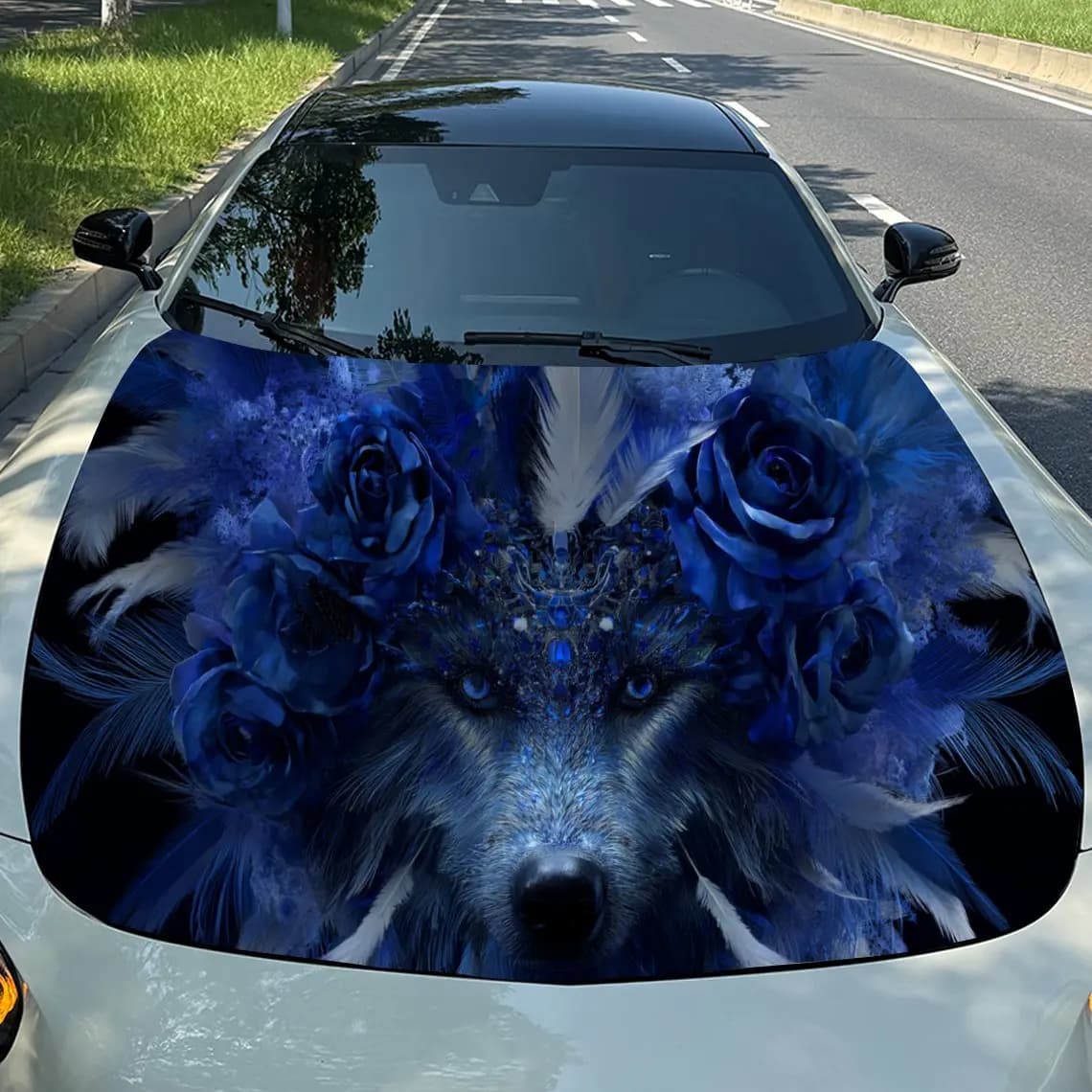 Blue Floral Dreamcatcher Wolf Auto Cover Sticker, Waterproof and Self-adhesive Auto Hood Decal, Auto Vinyl Wraps, Cool Car Exter