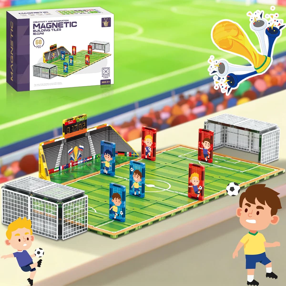 60Pcs Soccer Field Magnetic Tiles, STEM Educational Building Blocks for Kids 3+, Football Theme Creative Construction Toy Gift