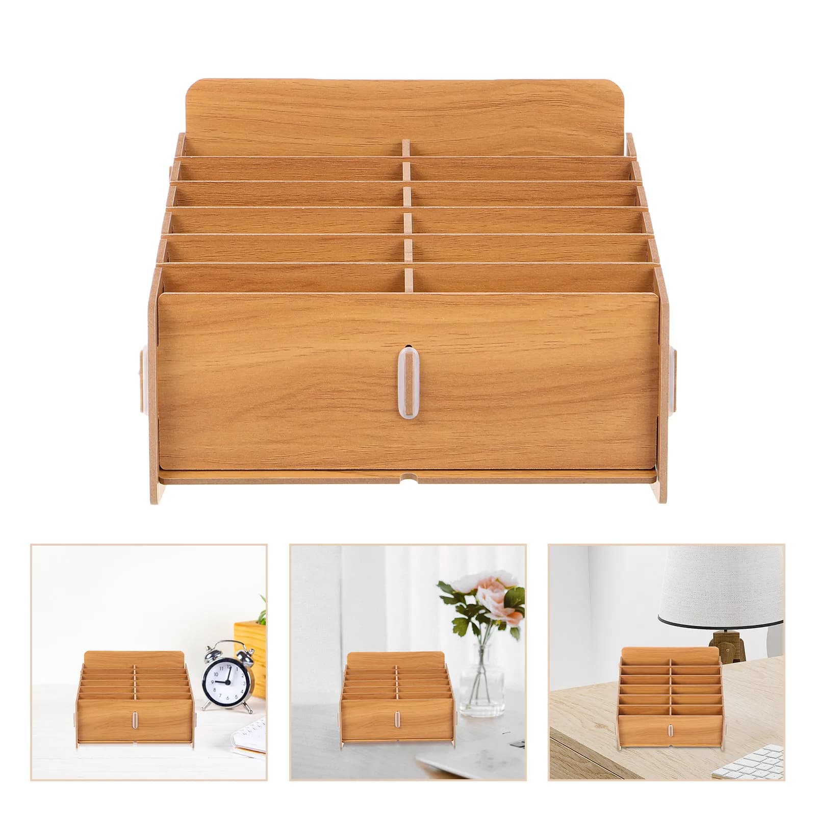 Scatola porta biglietti in legno con scomparti, organizer compatto da scrivania, portaoggetti da tavolo, organizer per la casa