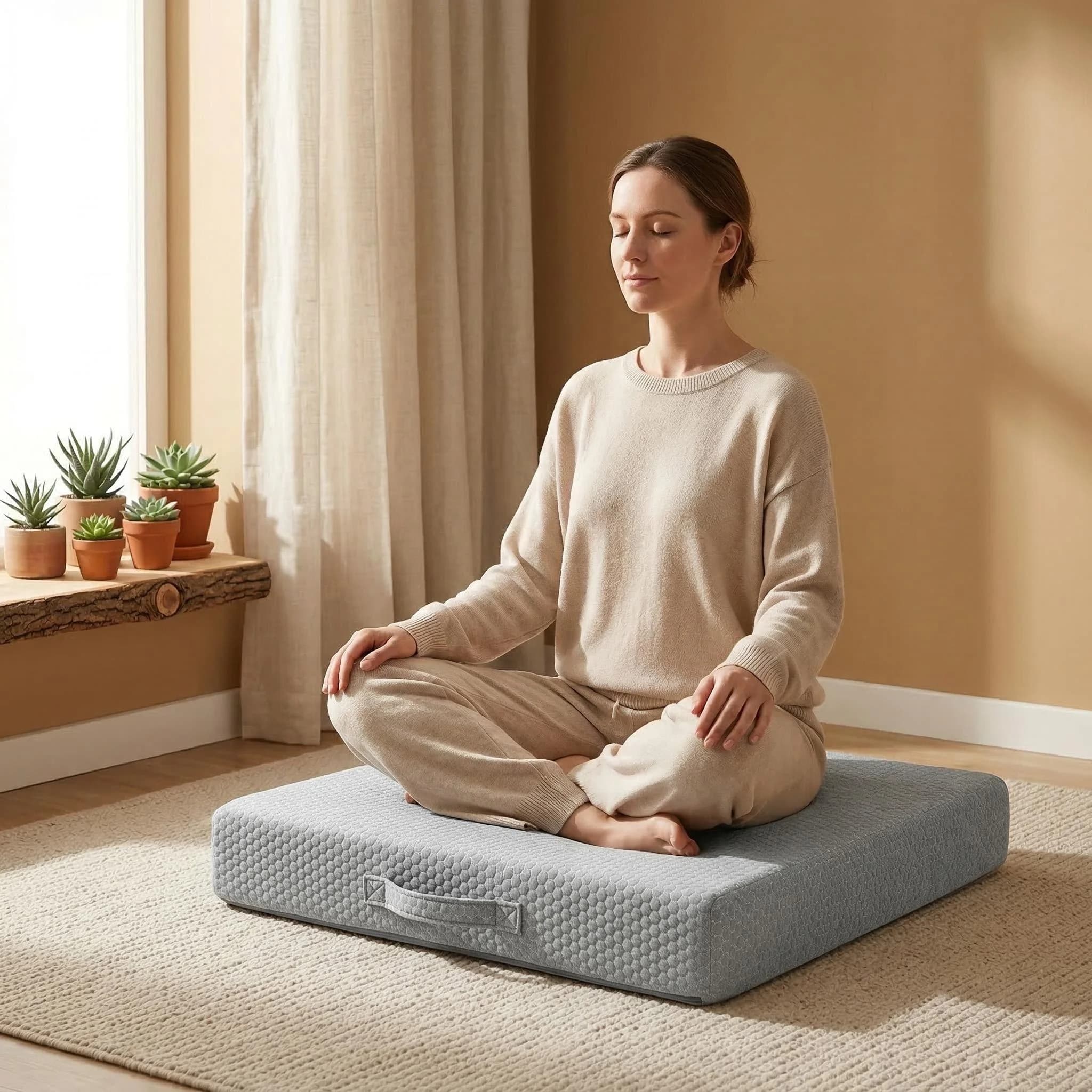 Square portable meditation cushion with side handle design for easy movement between living room, bedroom, or yoga studio.