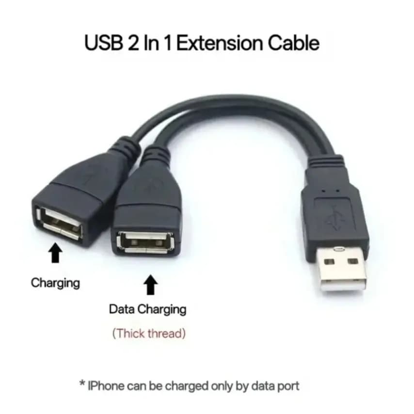 Cavo dati USB 2 in 1, adattatore di ricarica nero, lunghezza 30 cm, cavo di prolunga USB 2.0, da un connettore maschio a due prese femmina