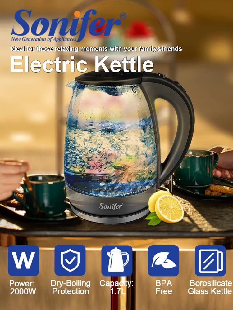 Sonifer SF-2064 Bollitore elettrico 1.7L 2000W Vetro borosilicato Indicatore del livello dell'acqua antiscottatura a prova di perdite
