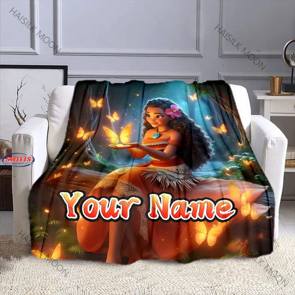 Coperta Classica con Stampa Principessa Moana e Nome Personalizzato, Decorazione per Casa, Letto, Divano, Ufficio, Coperta per Pisolino, Regalo per Famiglia e Amici