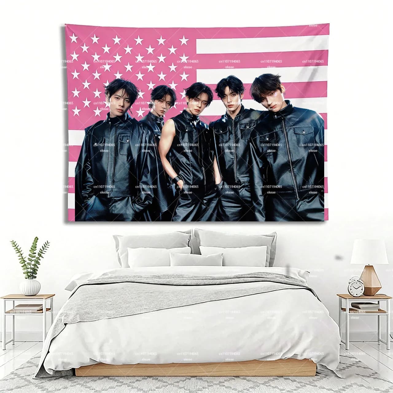 TXT Pink USA Flag Tapestry, K-pop Boy Group Photo Wall Hanging, Tomorrow X Together Fan Merch, Bedroom & Dorm Decor, Birthday