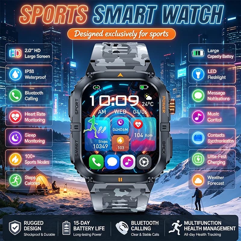2026 New Smart Watch 1000mAh Large Battery Fast Charging Solid Case Flashlight 100+ Sports Modes IP68 Waterproof Smart Watch