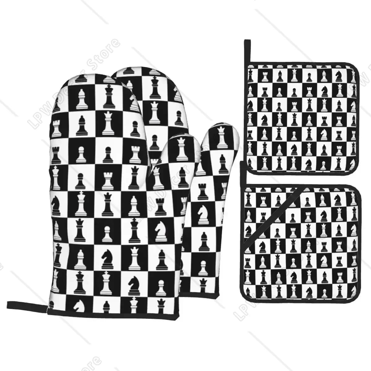 Guanti da forno a scacchiera e presine Set da 4 pezzi Guanti da cucina per barbecue a scacchi resistenti al calore per cuocere al forno Grigliare presine