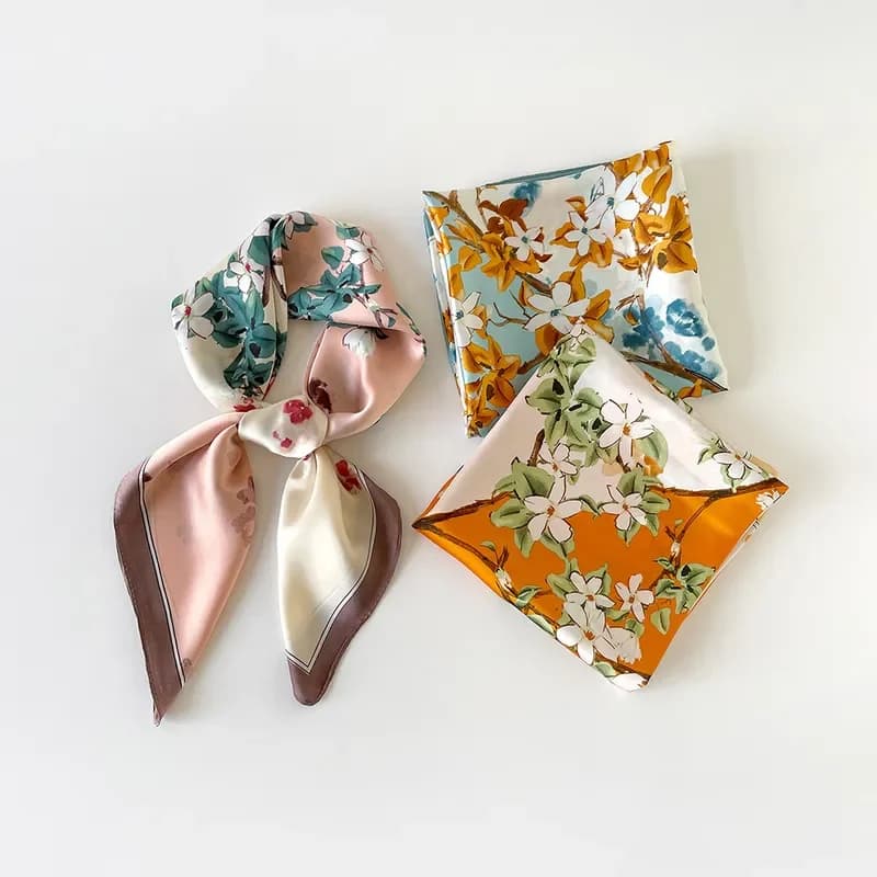 2026 French Satin Chiffon Silk Scarf 70cm Square Blue Flower Print Women's Neck Protection Scarf for Shirt