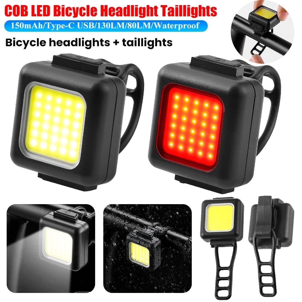 COB LED Headlight Rear Lamp 130LM/80LM 150mAh Headlight Bicycle Tail Lamp Type-C USB Rechargeable Waterproof Cycling Accessories