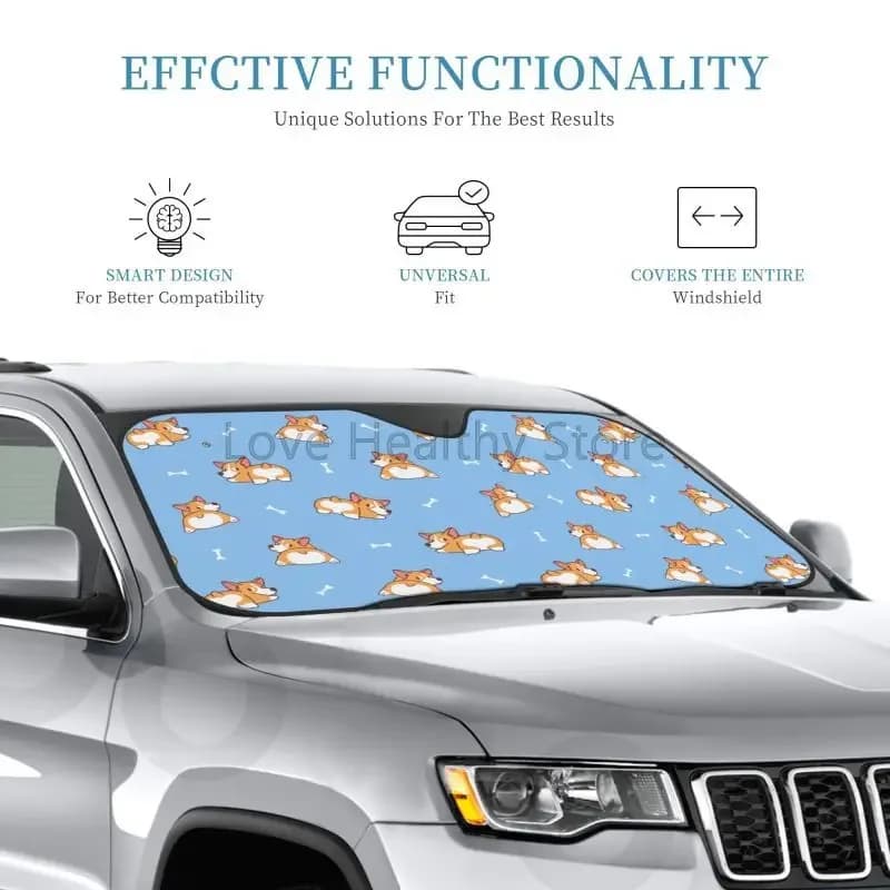 Simpatici cani Corgi Parabrezza per auto Parasole per auto SUV Camion Finestrino anteriore Parasole Visiera Scudo Copertura Blocco Raggi UV 51x27,5 pollici