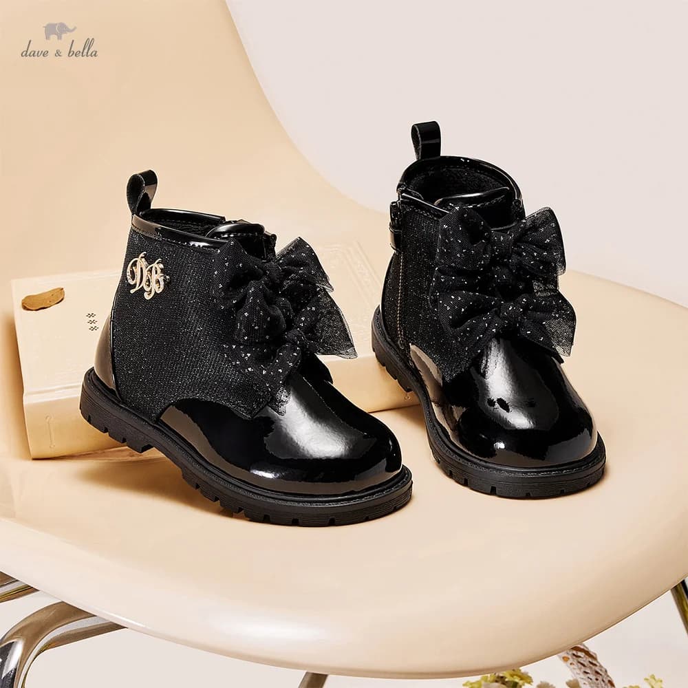 Dave Bella Scarpe in pelle da ragazza Scarpe da principessa per bambini invernali nere Eleganti stivali caldi in velluto antiscivolo con suola morbida DB4254362