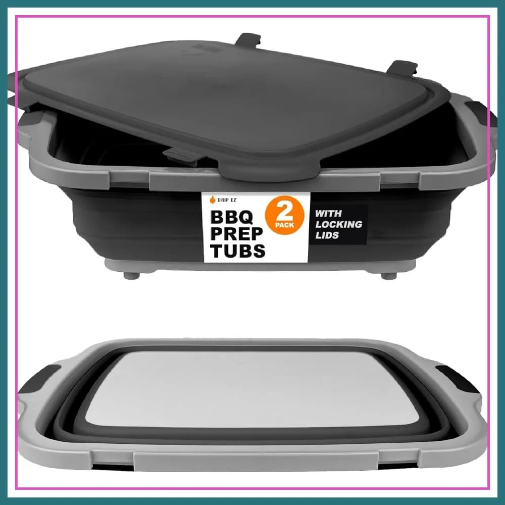 Set di 2 Vasche Pieghevoli per BBQ - Preparazione Pasti, Marinatura, Conservazione Alimenti - Include Tagliere e Coperchio - XL Nero