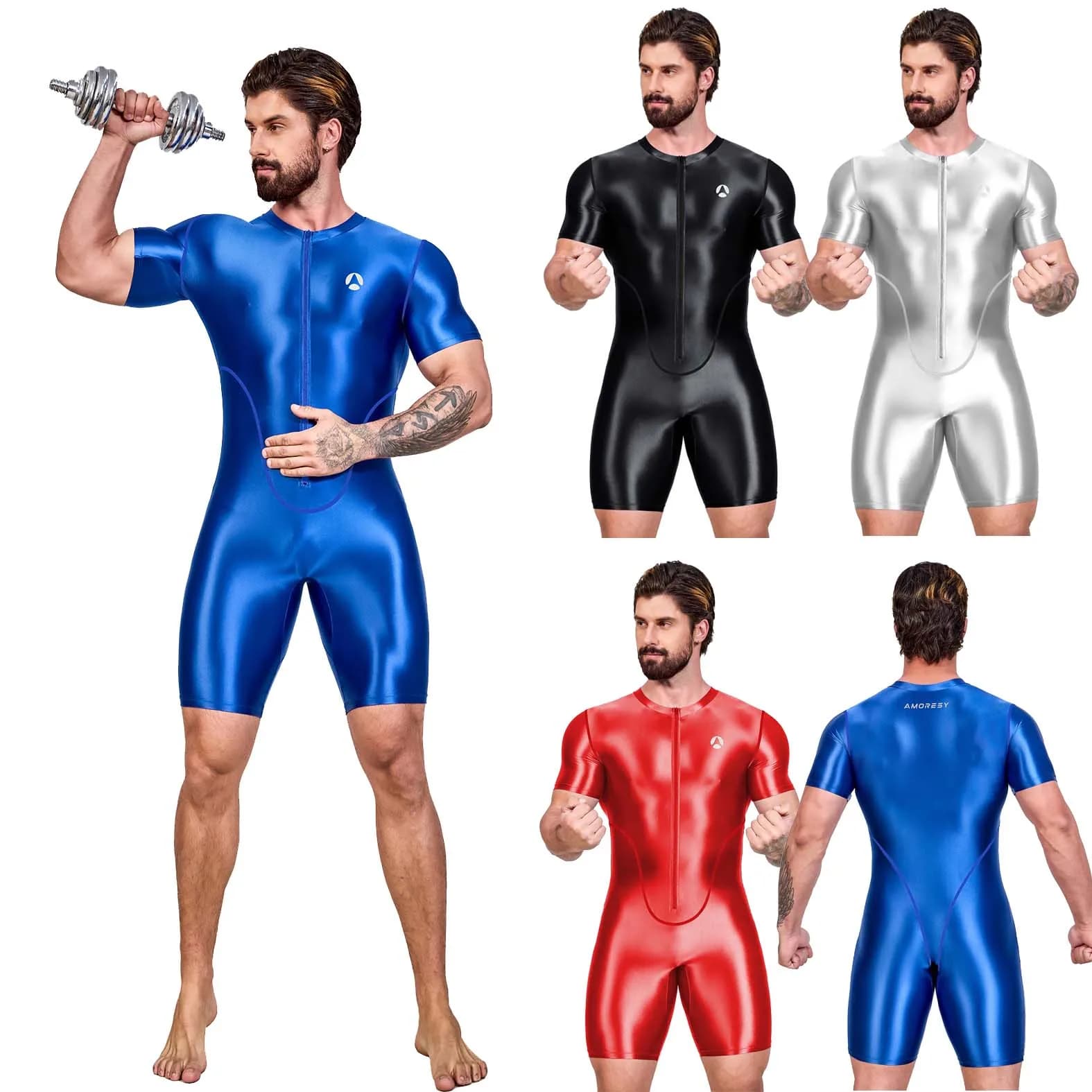 AMORESY Body da uomo in raso lucido Manica corta Abbigliamento sportivo Yoga Palestra Fitness Costume da bagno Body da ciclismo Tuta da bagno da corsa