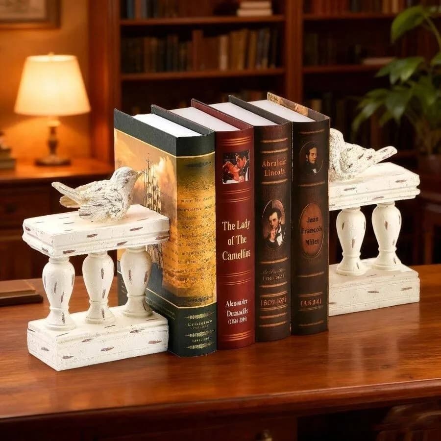 2PCS Birds Decorative Bookends Heavy Duty Resin Vintage Book Ends Books Stand Organizer Rooms Office Desk Bird And Roman Column