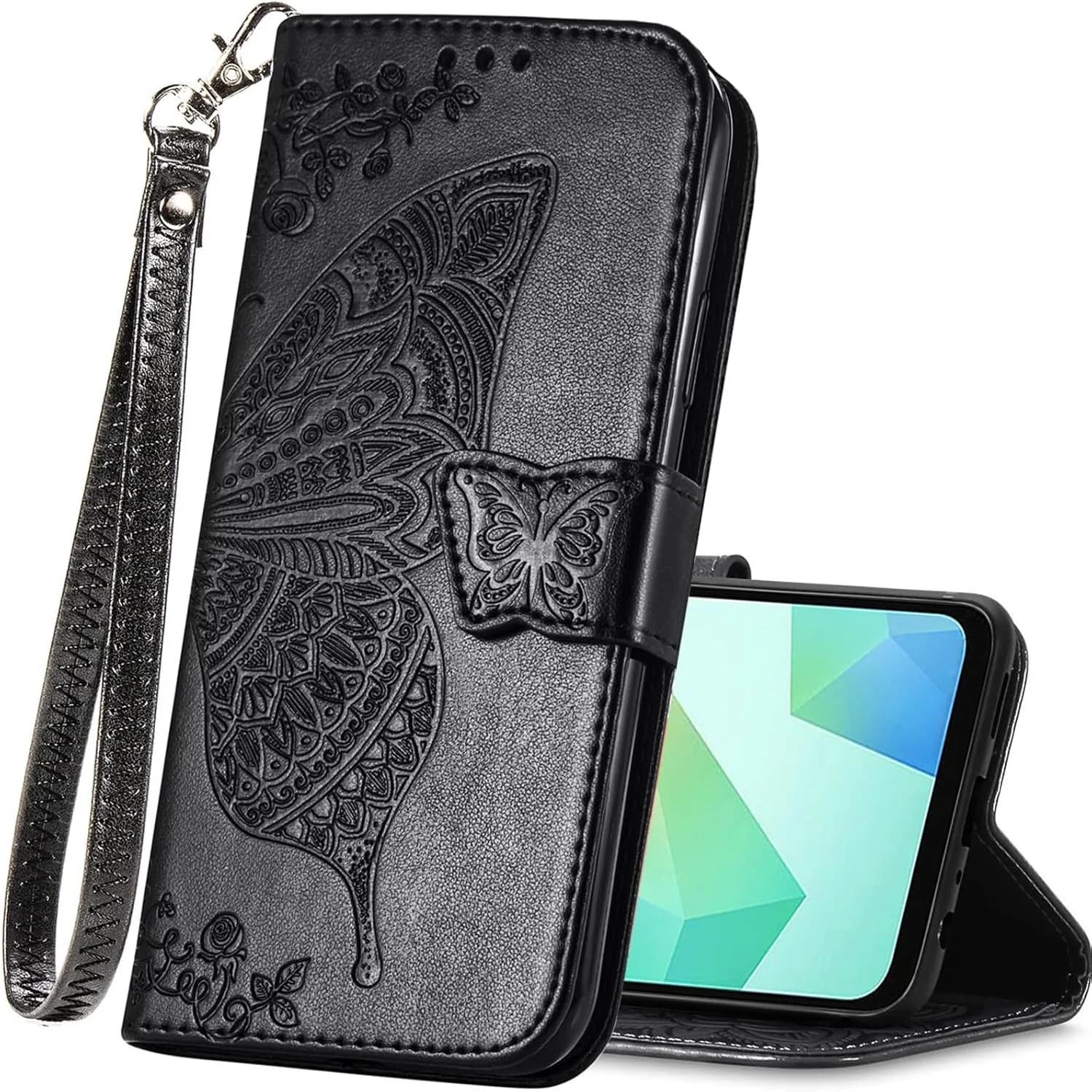 Custodia a portafoglio con texture a farfalla per Samsung Galaxy S26 S25 Edge S24 S23 S22 Ultra Plus FE, cover da donna con funzione stand e cinturino da polso