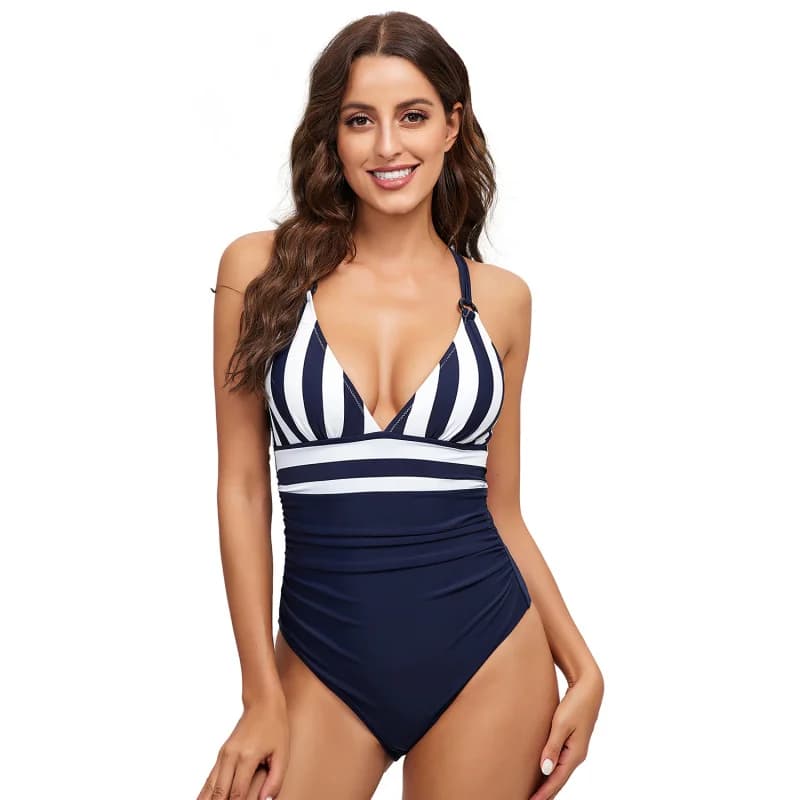 Minsu 2025 Women's Swimwear Sexy Color Block European and American Swimwear Sling Backless Full V Stripe Swi