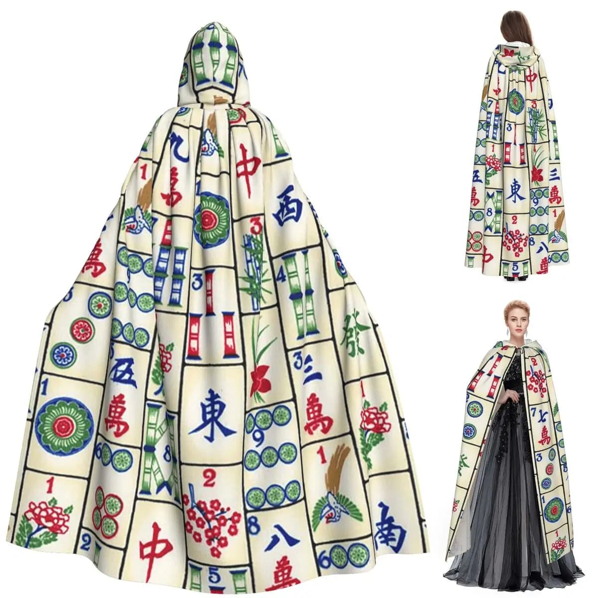 Mahjong Tile Pattern Long Hooded Cloak Witch Medieval Costume Cosplay Cape HalloweenCoat Adult Unisex