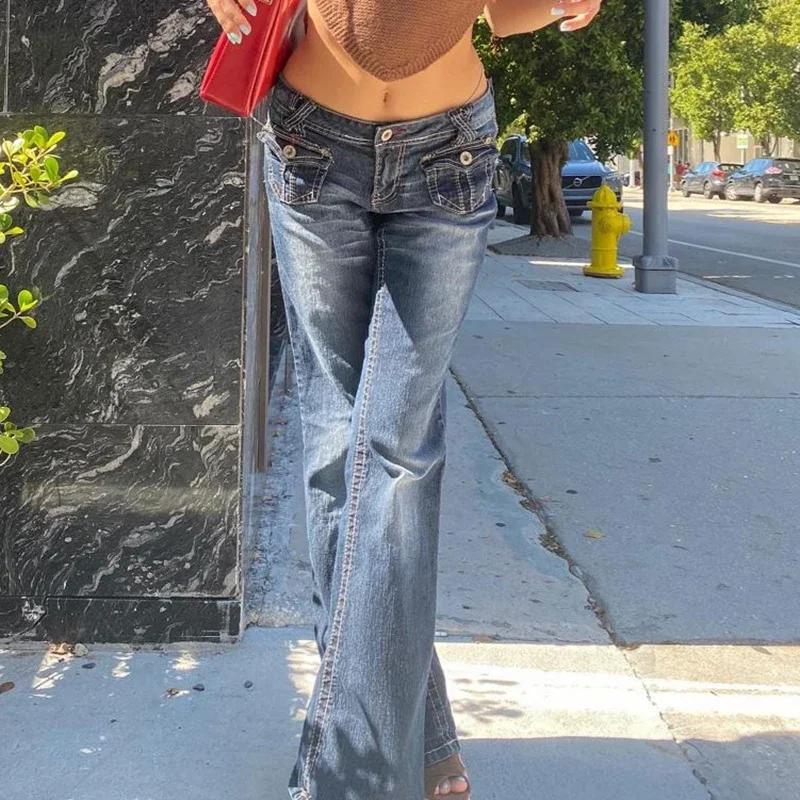 Y2K Pantaloni jeans svasati a vita bassa per ragazze Pantaloni cargo larghi Estetici Tasche streetwear Hippie Denim Fondo a campana CasualOutfit