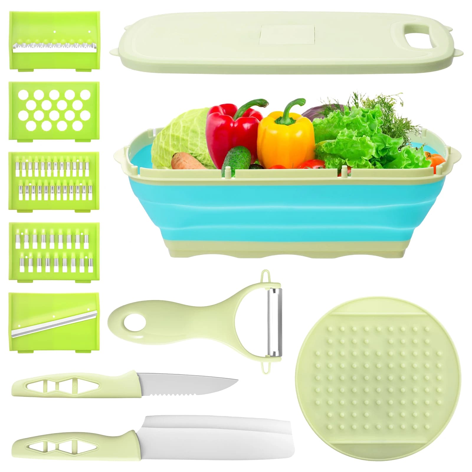 Foldable Exhaust Basket Set Cutter 2 IN 1 Fruit knife Grater and slicer Kitchen Gadget with Pelapatate Garlic Grinder
