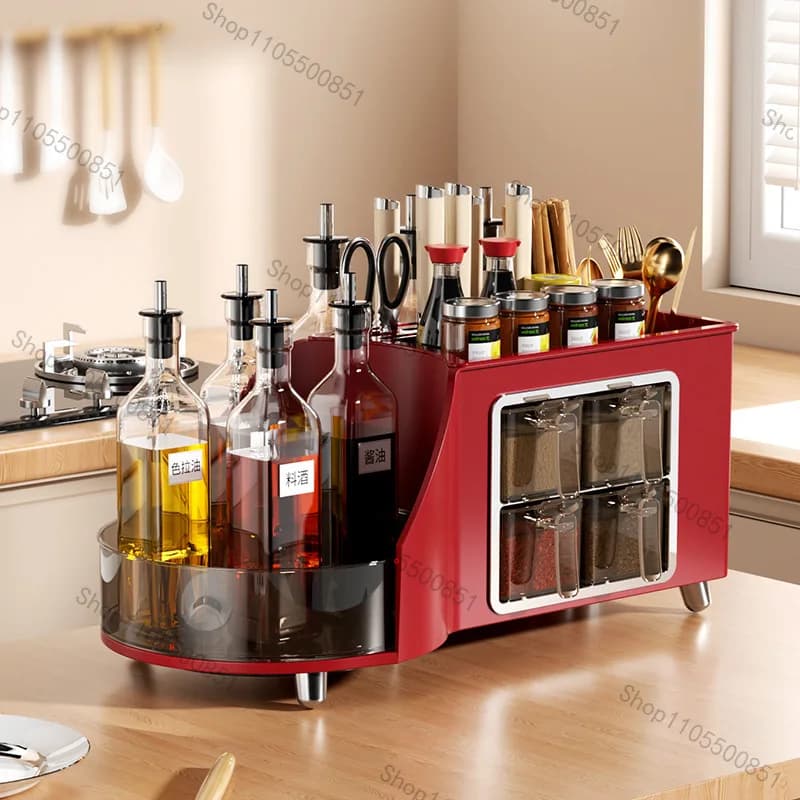 Multifunctional kitchen seasoning rack rotating drain knife holder integrated household oil, salt, sauce and vinegar bottle