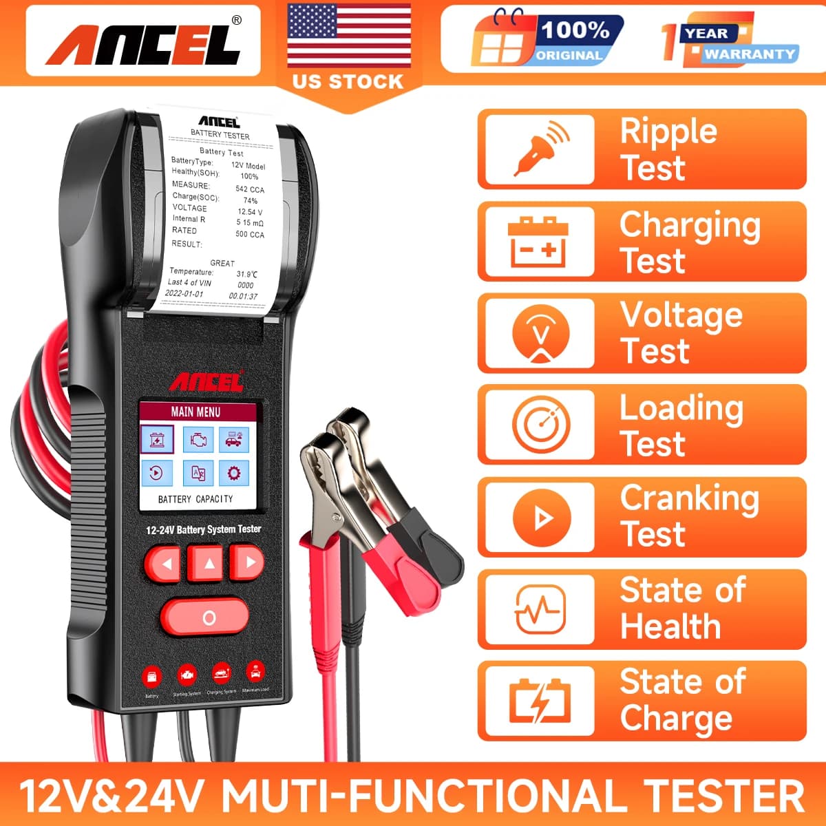 ANCEL BST600 with printer Car battery tester 12V/24V 100-2000CCA Battery temperature load tester Starter charging system test