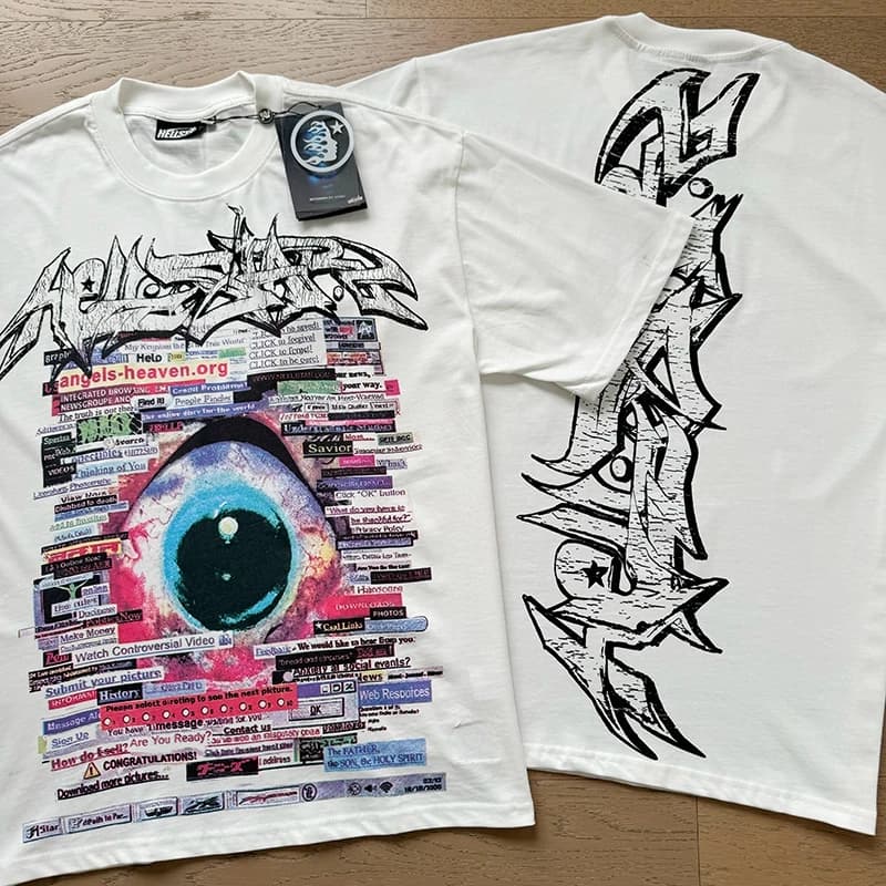 T-shirt HEII Hell Star Eye Letter Print in cotone girocollo, stile American High Street, unisex, a maniche corte, estivo, di tendenza