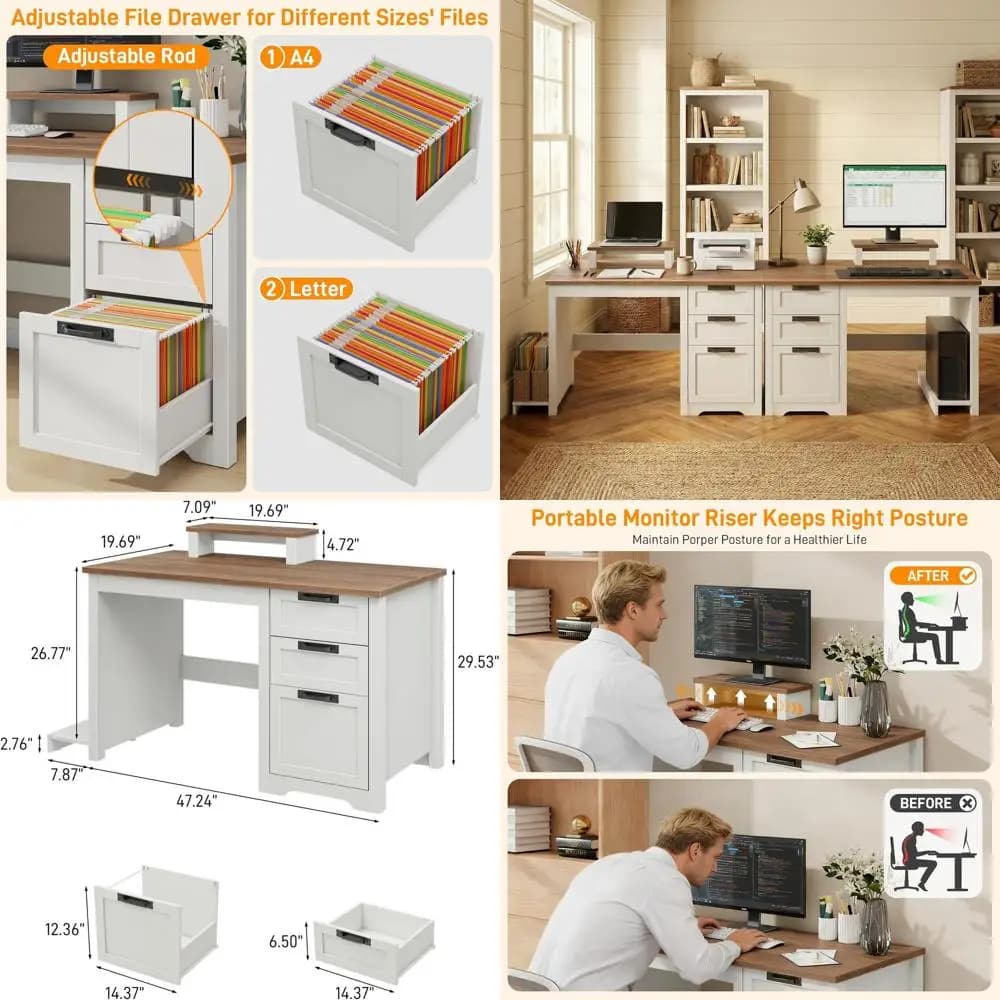 Scrivania per computer da 47,2 pollici con ripiano regolabile, scrivania direzionale reversibile a 3 ripiani con supporto per monitor mobile e supporto per PC