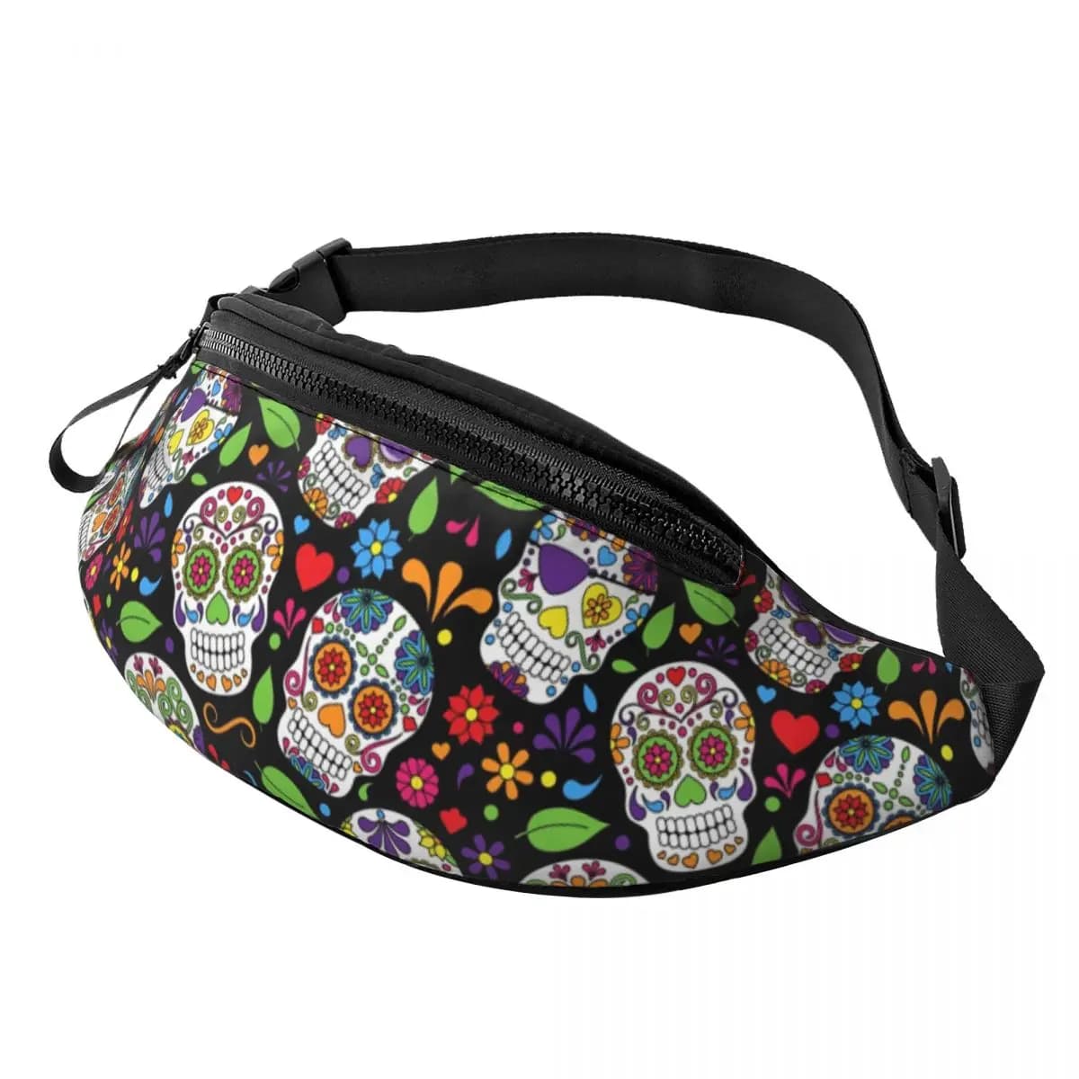 Colorful Sugar Skull Flower Pattern Fanny Pack Women Men Casual Crossbody Waist Bag for Hiking Phone Money Pouch