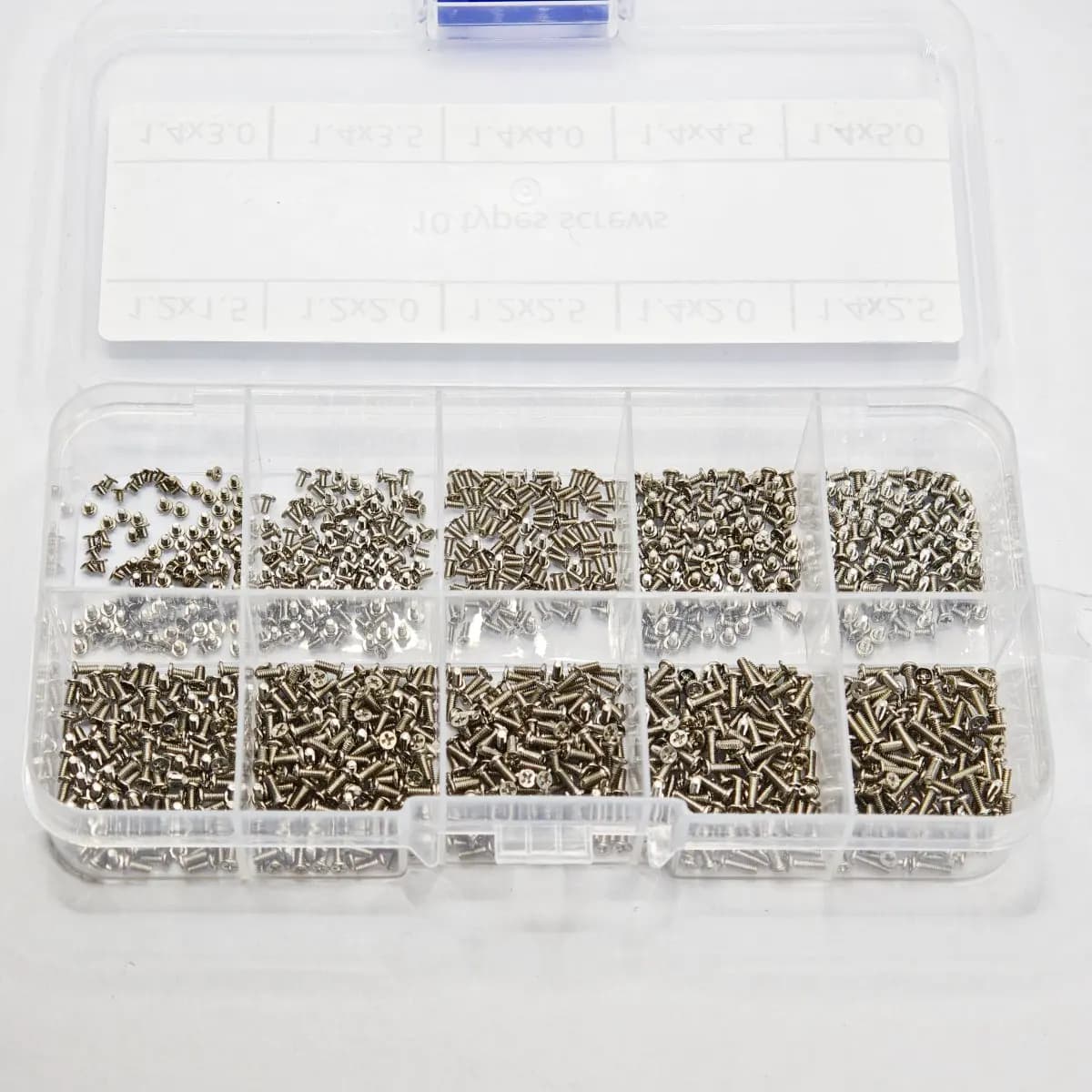 Set of mini flat head screws for repair of phones, tablets, cameras, lenses and laptops.