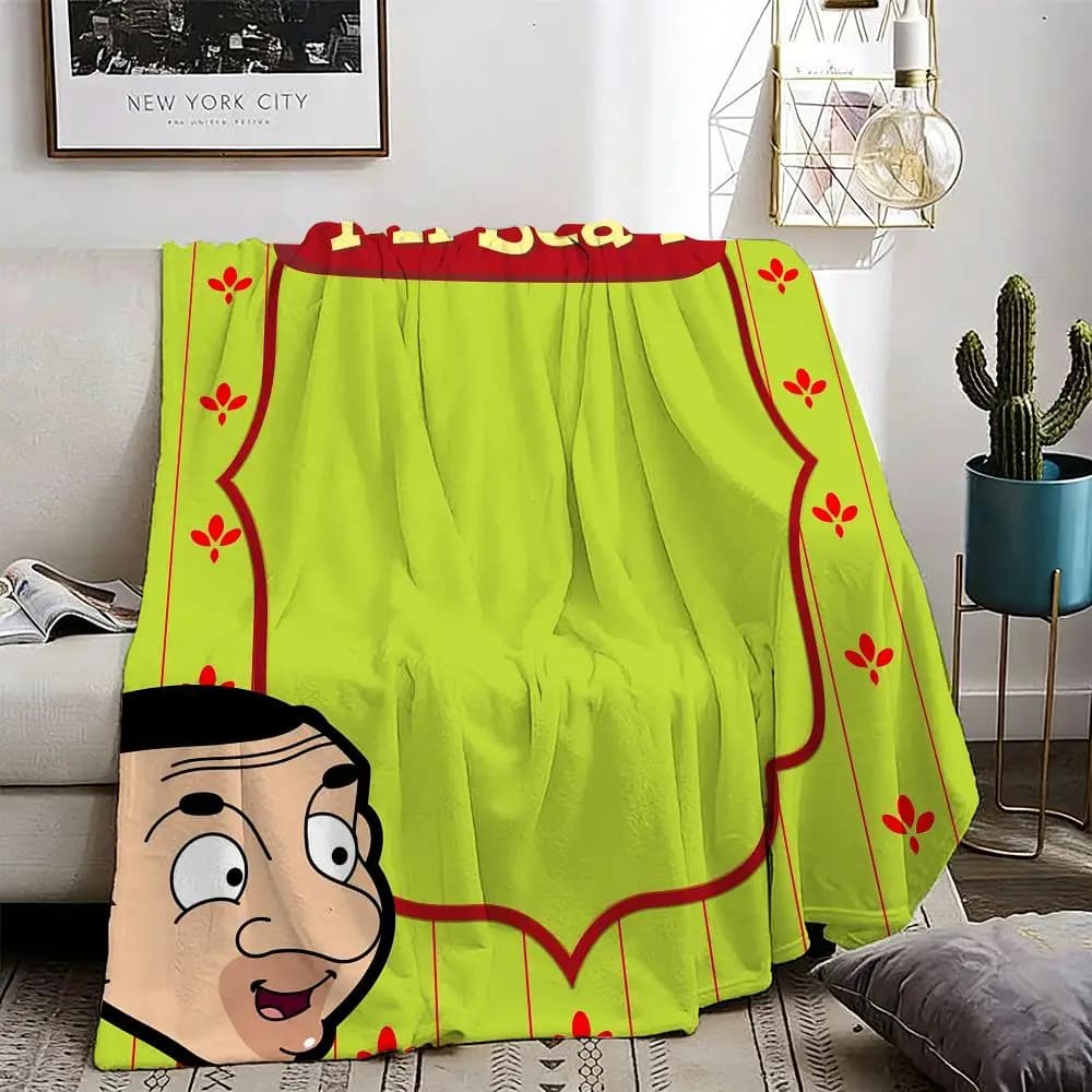 M-Mr. Bean Cartoon Throw Lightweight 240g Flannel Blanket Soft Skin-friendly for Summer Cooling