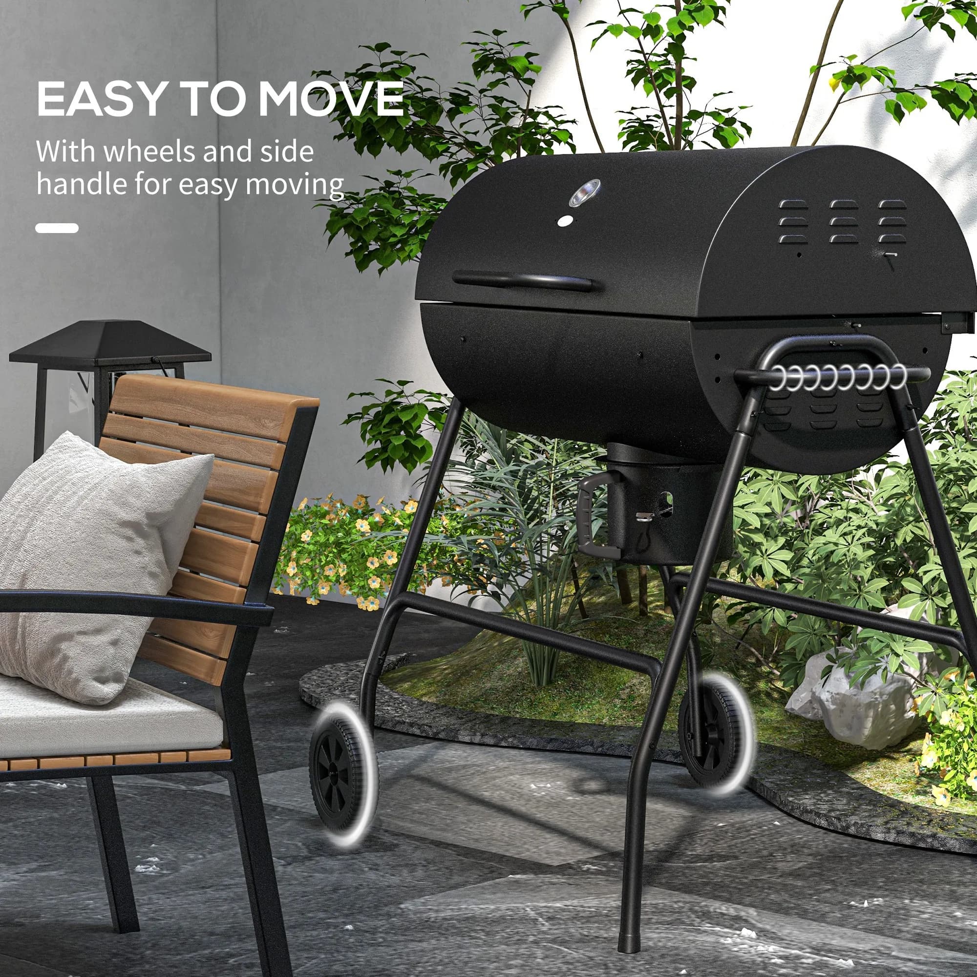 Barbecue a carbone Outsunny Barrel con superficie di 420 pollici quadrati Area Cucina Esterna, Barbecue con Ruote, Raccoglitore di Ceneri e Termometro Integrato per Picnic in Patio, Feste in Giardino