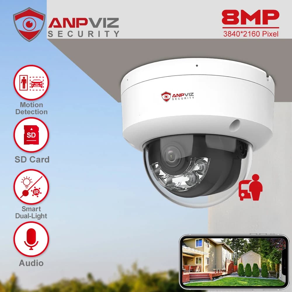 Anpviz 4K POE IP Dome Camera Outdoor Smart Dual-Light Color Vu 30m IP67 CCTV videosorveglianza Slot per scheda SD rilevamento umano/auto