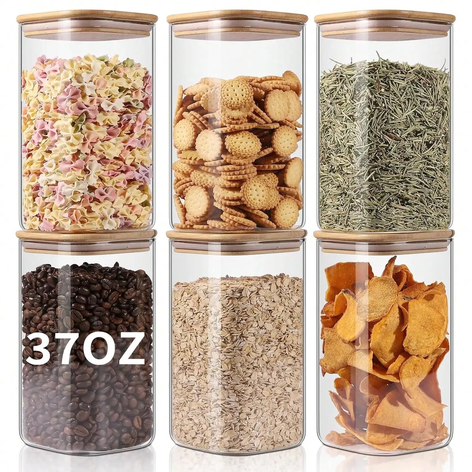 6 Pack Glass Food Storage Jars Modern Square Glass Canisters 37 OZ Clear Glass Containers With Airtight Bamboo Lids Stackable Kitchen Pantry Storage Jars For Pasta Coffee Beans Oats Spice Housewarming Gift