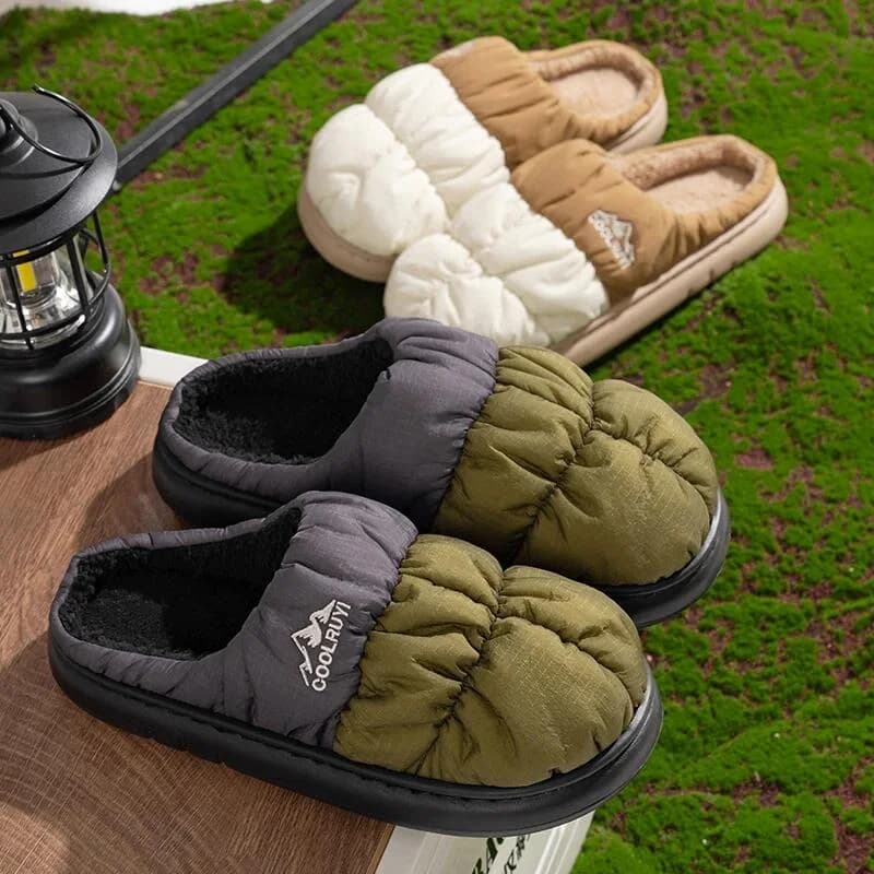 Long Plush Thick Warm Winter Slippers Women Waterproof Down Outdoor Slippers Unisex Mix Color Non Slip Cotton Shoes Woman Comfy
