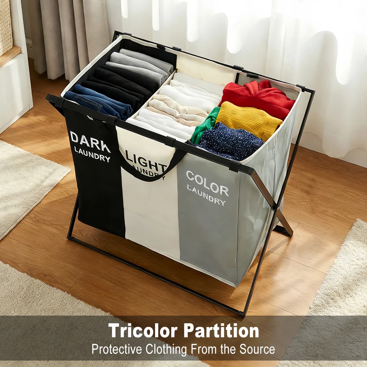 3 Section Folding Laundry Basket Collapsible Dirty Clothes Hamper X-Frame Clothes Sorting Organizer Home Storage Bin Bag