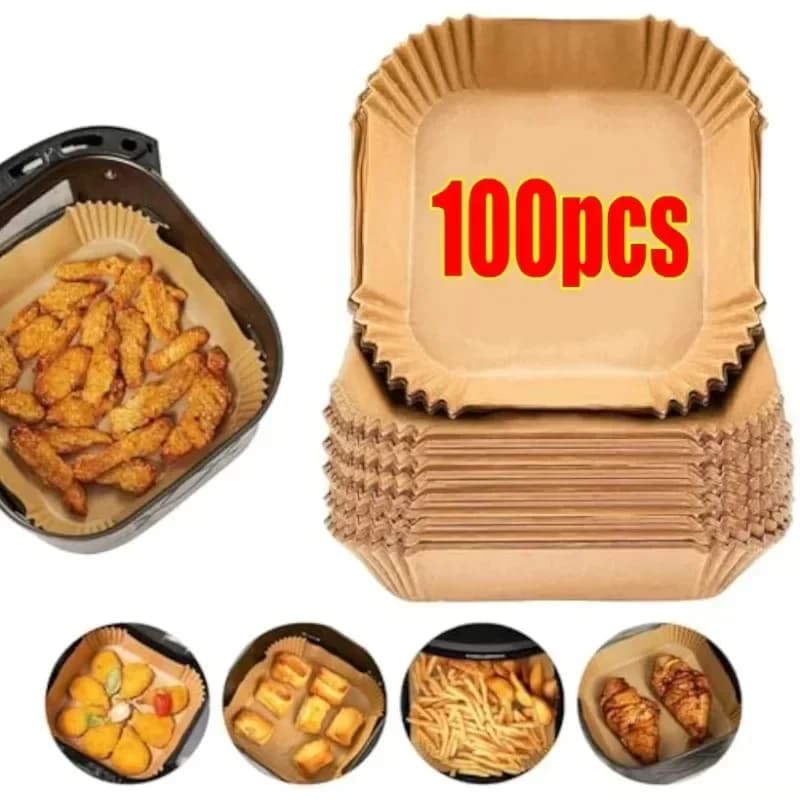 50/100 Pezzi di Carta da Forno Monouso per Friggitrice ad Aria, Carta Antiaderente per Cottura, Arrosto e Microonde