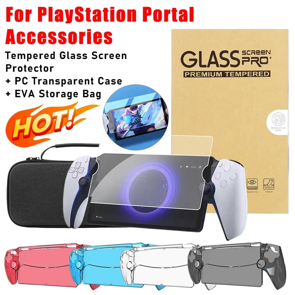 For PlayStation Portal Transparent protective case or hand bag with tempered glass protective film for PS5 portal