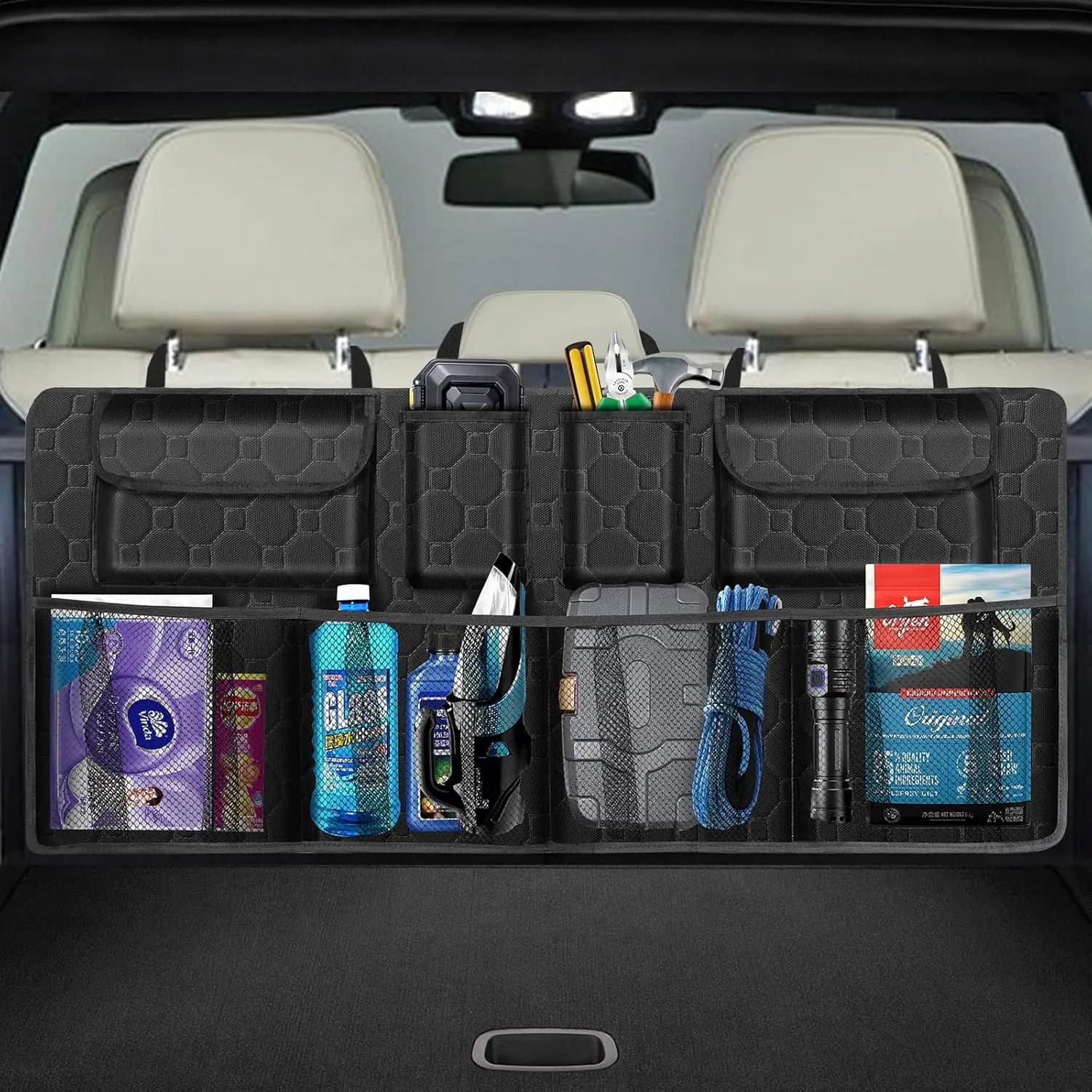 Car Trunk Organizer, Super Capacity Backseat Organizer for SUV/Truck/MPV (42"x18"), Hanging Storage with 8 Pockets, Black