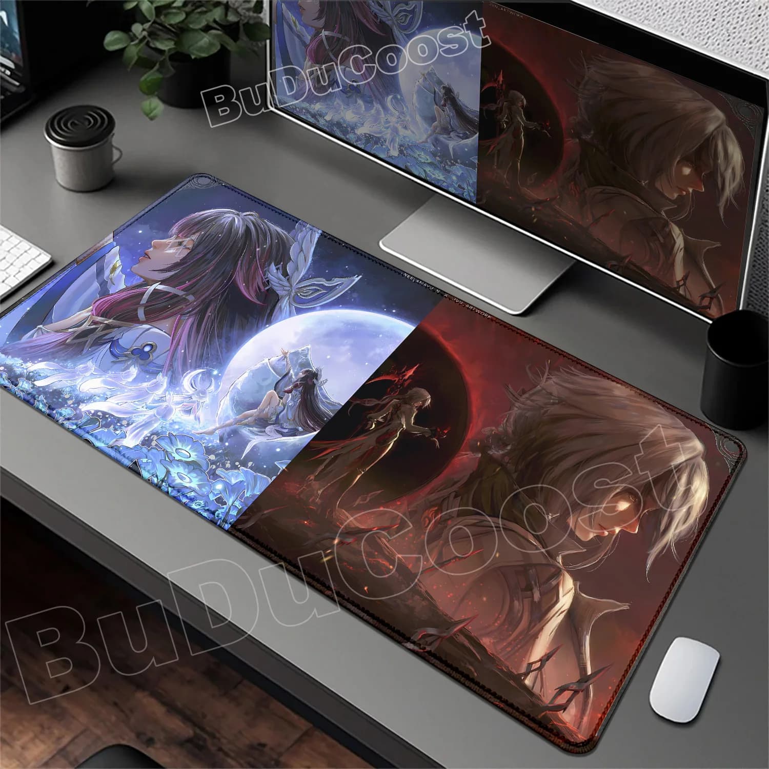 Nuovo tappetino per mouse da gioco Genshin Impact Arlecchino con stampa HD, accessorio per computer, tappetino da scrivania grande con bordo bloccato, tappetino per tastiera 900x400mm