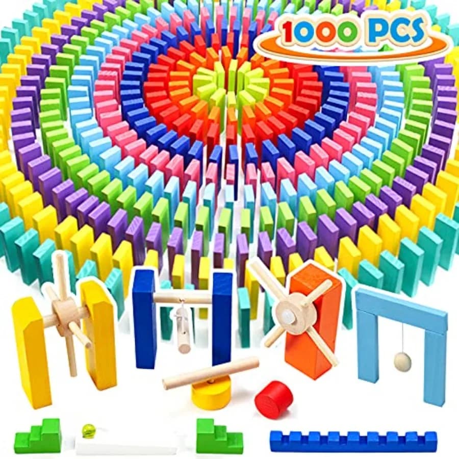 WOOD CITY Set di Domino in Legno Colorati da 1000 Pezzi con 20 Blocchi Extra, Gioco Educativo per Costruzione, Impilamento, Corsa e Acrobazie