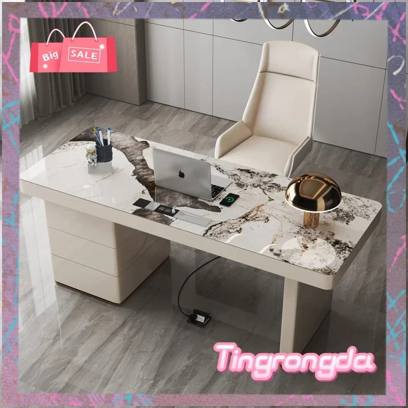 Scrivania Grande di Design con Cassetti Organizzatori e Mobiletto Superiore, Scrivania da Ufficio Lusso Bianca Grande