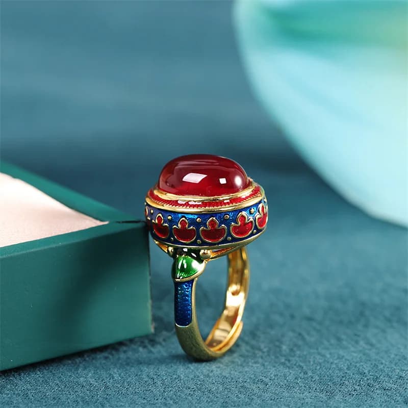 Anelli in Corniola Naturale per Donne, Stile Etnico con Fiori Smaltati, Gioielli da Matrimonio di Lusso Leggero, Lavorazione Artigianale in Oro Antico