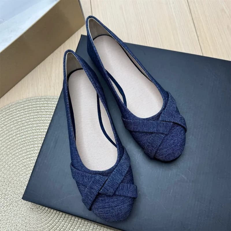 Ballerine in denim da donna con punta tonda e cinturino incrociato, comode, slip-on, suola morbida, traspiranti, casual, per camminare tutti i giorni, scarpe da ufficio