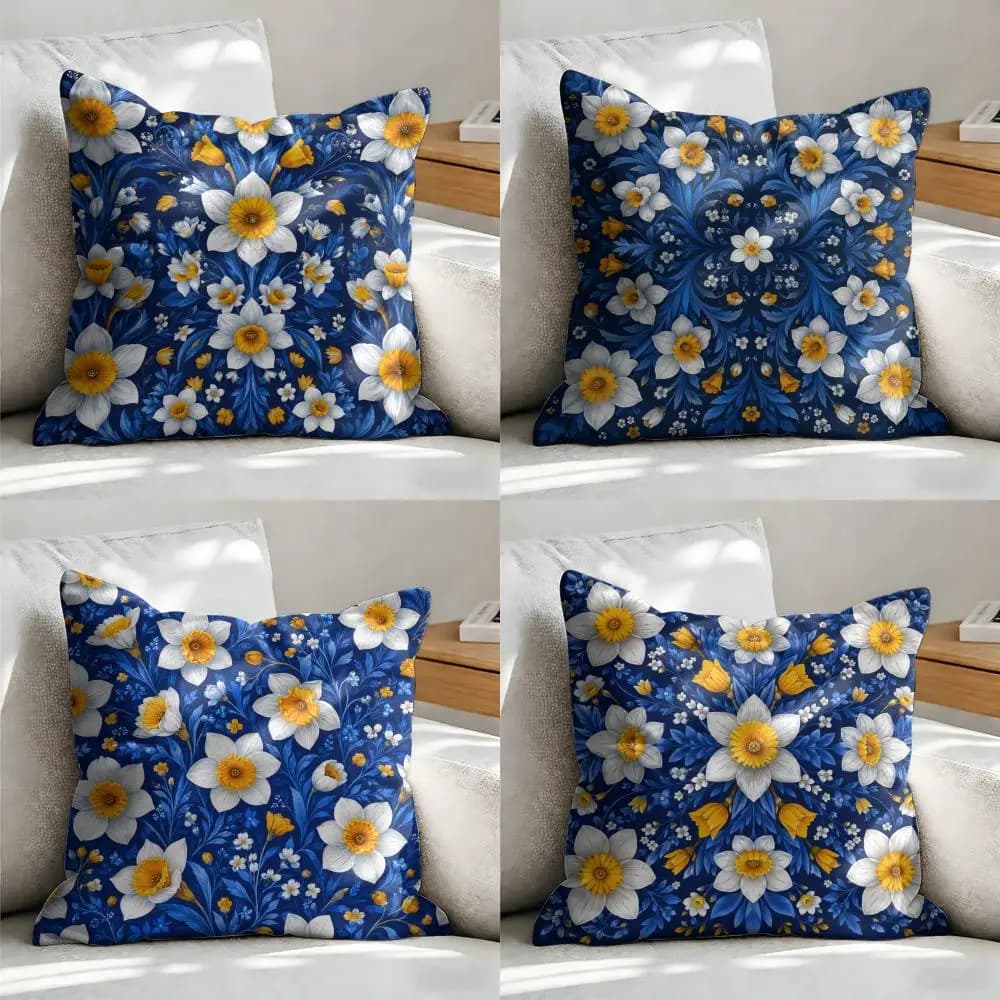 Fodera per cuscino con motivo floreale narciso, morbida in peluche corto, texture liscia e accogliente, estetica, per decorazioni domestiche
