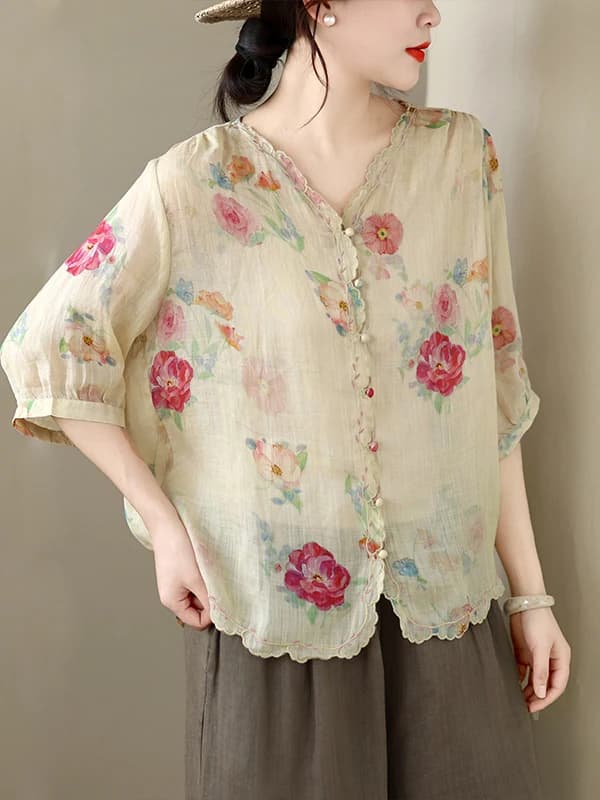 Retro V-neck Printed Linen Five-quarter Sleeve Shirt Women's Loose Slimming Top Summer New Single-button Fashionable Blouse