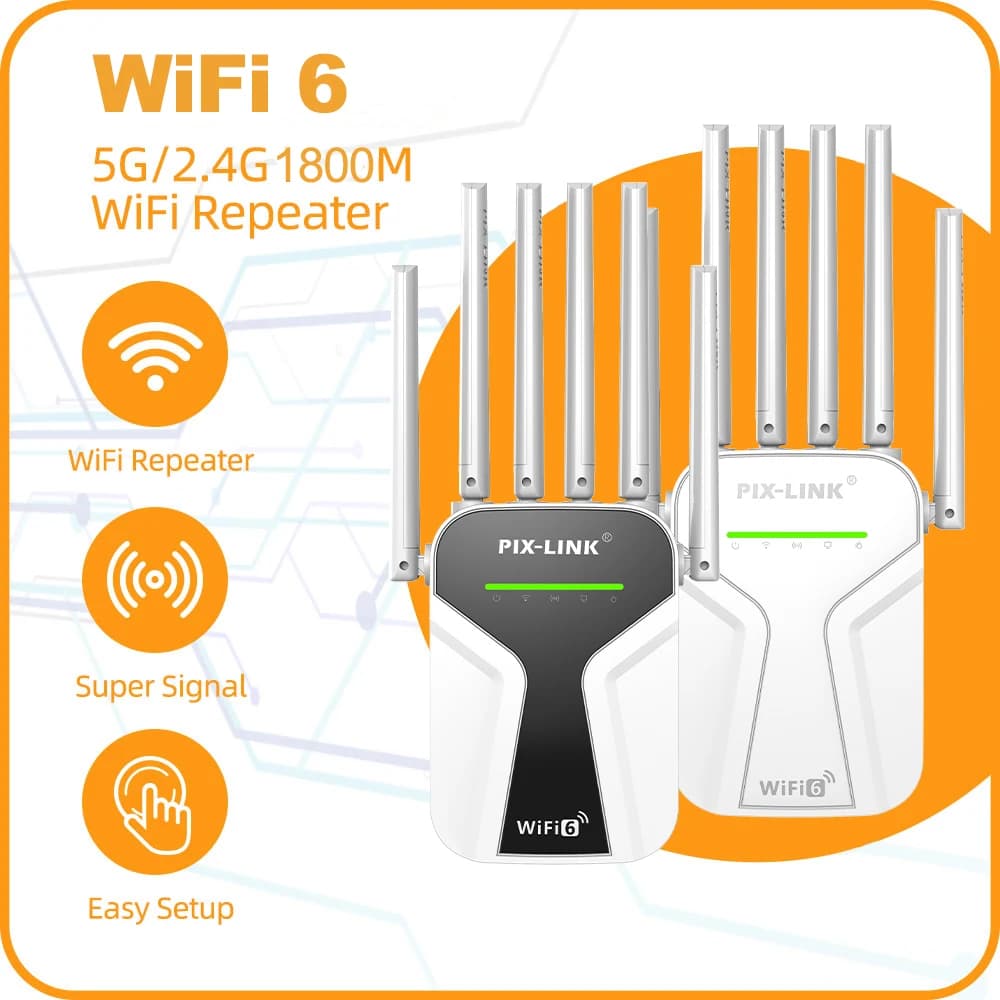 PIXLINK WiFi 6 Extender AX1800 1800Mbps Dual Band, Amplificatore di Segnale 5GHz/2.4GHz, Ripetitore/AP per Casa, Facile Configurazione